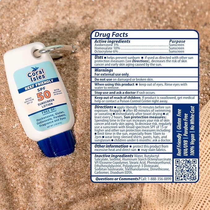 Coral Isles Reef Safe Sunscreen SPF 50 – Hawaii Compliant, Broad Spectrum UVA/UVB Protection, Water Resistant (80 Min), Non-Greasy, No White Cast, Sensitive Skin & Face, 2 Fl Oz (2-Pack)