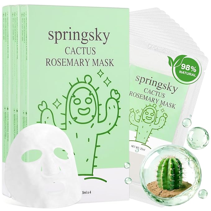 SPRINGSKY Hydrating Face Mask with Natural Cactus & Centella Asiatica, Moisturizing Sheet Mask for Dry Sensitive Skin, 24HR Deep Hydration Soothing for Radiant Glow, Korean Skincare,12 Count