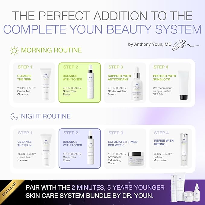 YOUN Beauty Green Tea Toner Face Mist Spray | Alcohol-Free, pH-Balancing & Hydrating Toner with Green Tea and Chamomile Extracts by Dr. Anthony Youn (180ml)