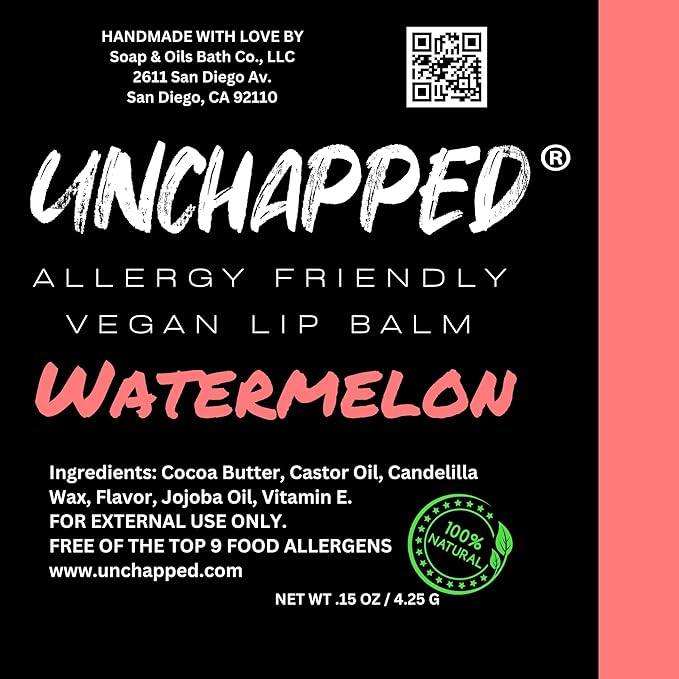 Vegan Lip Balm 3 Pack - All Natural and Free of Beeswax, Soy, Nut, and Top 9 Food Allergens (Strawberries and Cream, Watermelon, Mango)