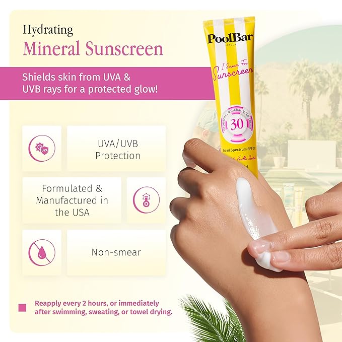 PoolBar SPF 30 Hydrating Mineral Body Sunscreen Cream for Women and Men Skin Care - Coconut Vanilla Scent Sun Care, Vegan and Water Resistant, Broad Spectrum Sunscreen, 140 ml (4.7 Fl. Oz) (Pack of 3)
