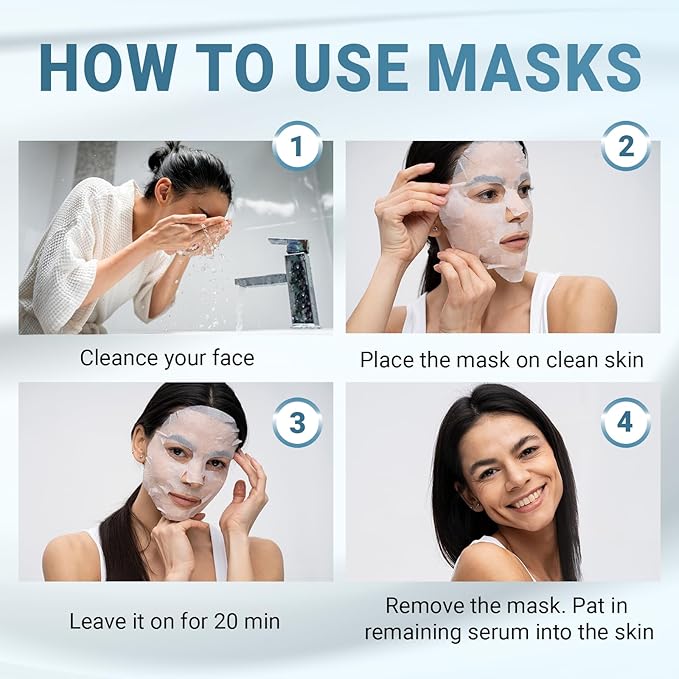VIABEAUTY 24 Pack of Hyaluronic Acid Face Mask with Peptides Complex - Deep Hydrating & Brightening Facial Sheet Mask - Moisturizing Face Masks Skincare Facial Sheets for All Skin Types