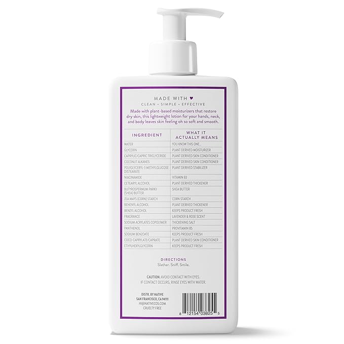 Native Body Lotion, Lavender & Rose, 48-Hour Hydration for Dry & Sensitive Skin, Made with Plant-Based Moisturizers like Shea Butter, Silicone & Paraben Free, 16.5 fl oz