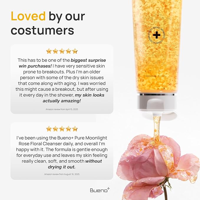 Bueno+ Pure Moonlight Rose Floral Cleanser | Gentle Daily Face Wash with Rose Petals | Mild Exfoliating & Hydrating Vegan Gel | For All Skin Types | 1.01 fl. oz
