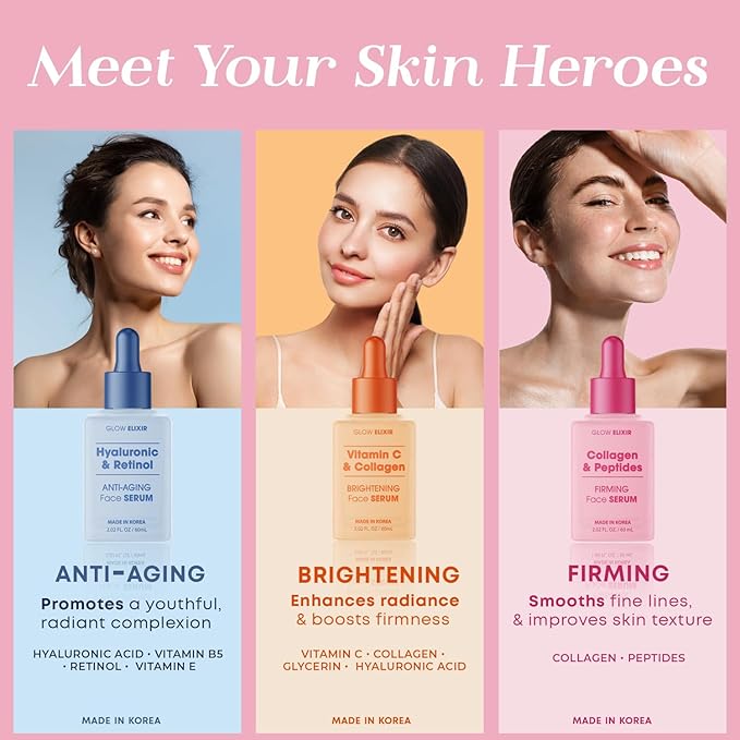 Glow Elixir Collagen & Peptides Face Serum – Firming & Wrinkle Serum for Skin Repair, Fine Lines & Deep Wrinkle Treatment – Dermatologist Tested Anti Aging Korean Skin Care – Clean Beauty – 2.02 Fl Oz