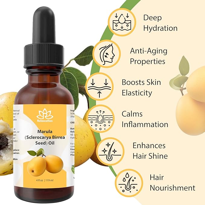 Relaxcation Marula Oil – Cold Pressed Organic Oil from Sclerocarya Birrea Seeds | Pure Extract for Hair, Face, Nail & Body | Unrefined, Vegan, Hydrating, Travel Size Glass Bottle (0.5 oz)