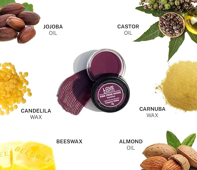 Love Earth Lip Tint & Cheek Tint Multipot - Pink From Inside With Richness Of Essential Oils & Vitamin E For Lips, Eyelids And Cheeks, Creamy Matte - Purple