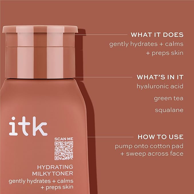 ITK Hydrating Hyaluronic Acid Milky Face Toner for Dry Skin + Redness with Green Tea + Squalane - Prep, Tone + Calm Skin for Women - Soothing Vegan Moisturizing Facial Toner - 5 oz.