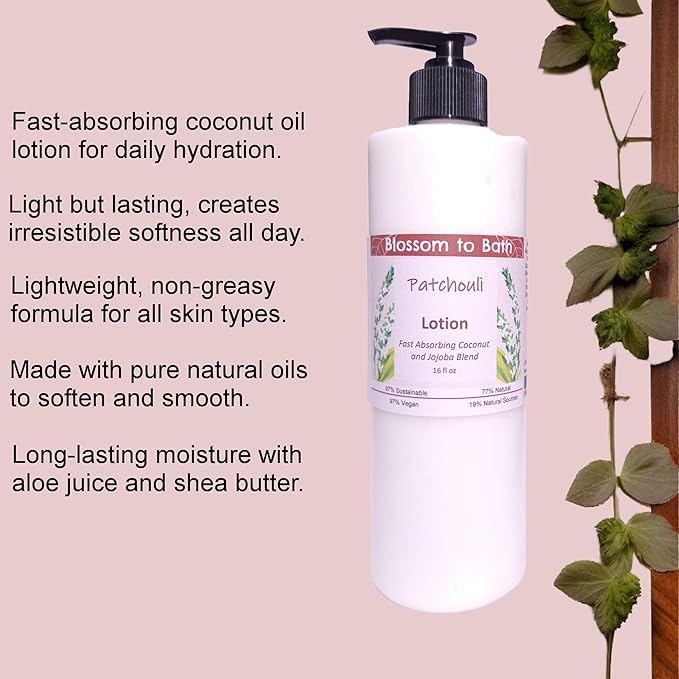 Blossom to Bath Patchouli Lotion (16 ounce) - Pure Essential Oil Fragrance - Absorbs Quickly with a Woodsy Exotic Scent