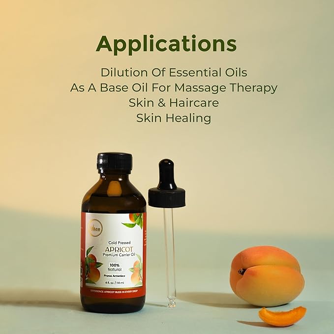 MY ACE Apricot Seed Carrier Oil | 100% Pure Cold Pressed Lightweight Oil with Dropper for Hair, Face, Skin, Scalp & Body Massage, Moisturizing & Aromatherapy – 4 fl oz