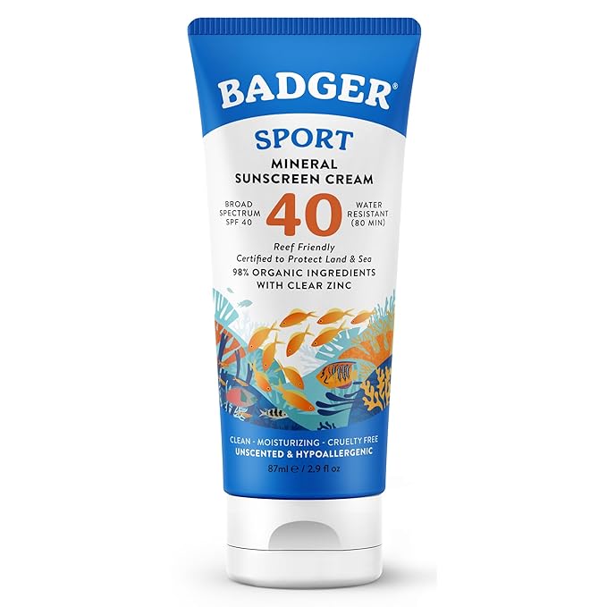 Badger Sport Mineral Sunscreen, Reef Safe, SPF 40, 98% Organic with Zinc Oxide, Water Resistant, Hawaii Reef Act 104 Compliant, Unscented & Hypoallergenic, For Sports & Adventures, 2.9 fl oz