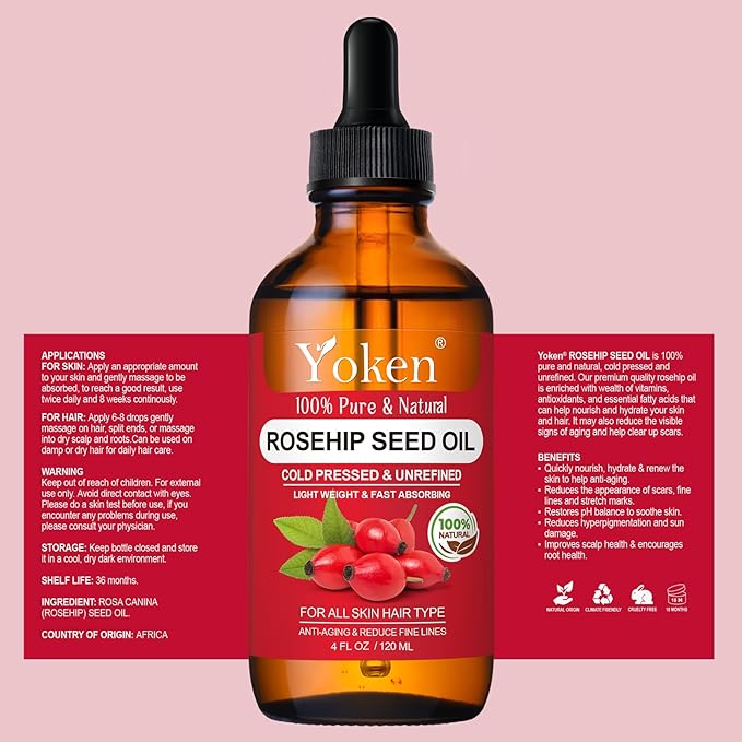 Yoken Rosehip Seed Oil for Face, 100% Pure and Natural Cold Pressed Unrefined Organic Rosehip Carrier Oil for Skin, Hair, Body & Nails - Lightweight, Fast-Absorbing (4 fl oz)