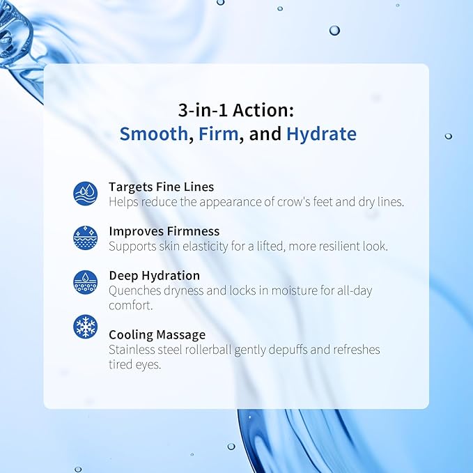 Cooling Plant-Powered Peptide Eye Serum - Quadruple Hyaluronic Acid Collagen Anti-Aging, Soothing Sensitive Under Eye Cream for Puffiness Dark Circles Fine Lines, with Roller Massage Ball, 0.34 fl oz