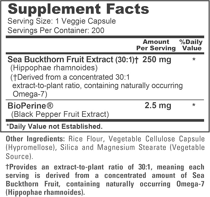 NusaPure Sea Buckthorn Omega-7, 250 mg, 200 Veg Capsules (Non-GMO, Vegan)