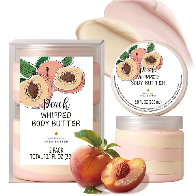 Peach Whipped Body Butter, Shea Body Butter for Women Dry Skin, Natural Peach Lotion for Body Moisturizer-Deep Moisturizing and Softening-3.4 floz+6.8 floz(100ml+200ml)