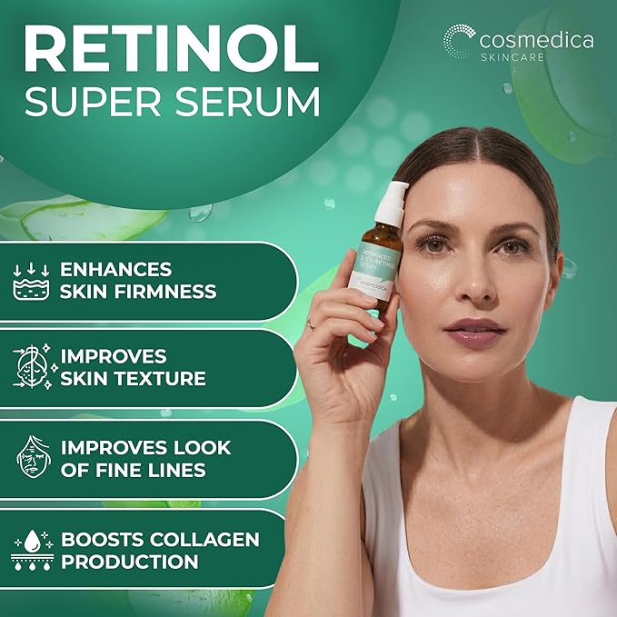 Cosmedica Skincare Retinol Serum 2.5% | Hydrating Vitamin A Serum with Green Tea Hyaluronic Acid Vitamin E | Non-Irritating Serum for Sensitive Skin Oily Skin | 1oz