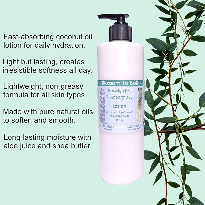 Blossom to Bath Eucalyptus Lemongrass Lotion (16 ounce) - Pure Essential Oil Fragrance - Absorbs Quickly with a Herbally Clean Natural Scent