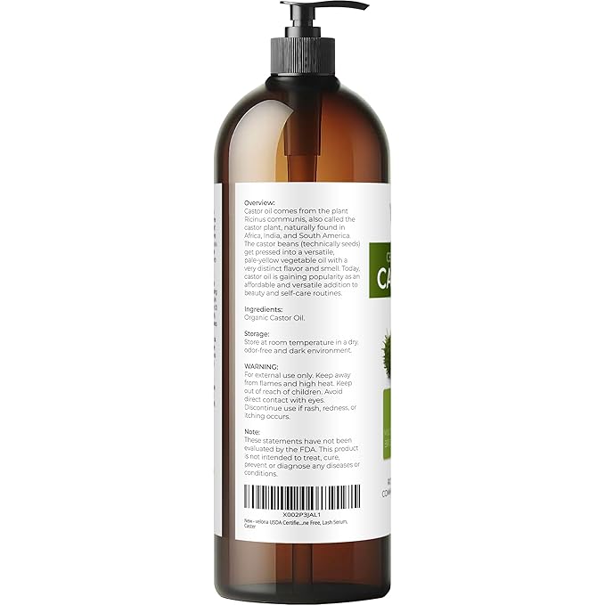 velona USDA Certified Organic Castor Oil - 32 fl oz | For Hair Growth, Boost Eyelashes, Eyebrows | Cold pressed, Natural Oil, USP Grade | Hexane Free, Lash Serum, Caster