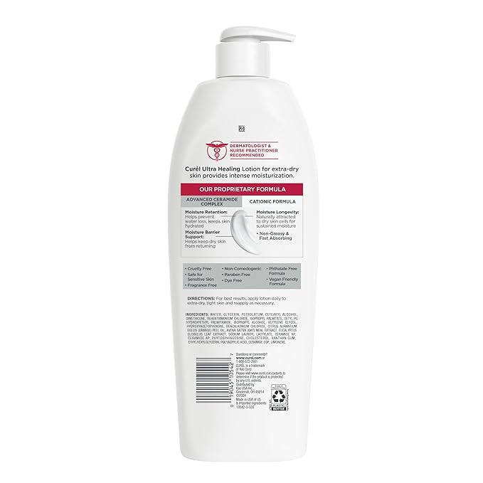 Curel Ultra Healing Intensive Fragrance-Free Lotion For Extra-Dry Skin, Dermatologist Recommended, Ideal for Sensitive Skin, Cruelty Free, Paraben Free, 13 Oz, Pack of 3