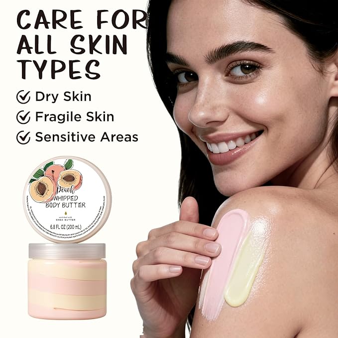 Peach Whipped Body Butter, Shea Body Butter for Women Dry Skin, Natural Peach Lotion for Body Moisturizer-Deep Moisturizing and Softening-3.4 floz+6.8 floz(100ml+200ml)
