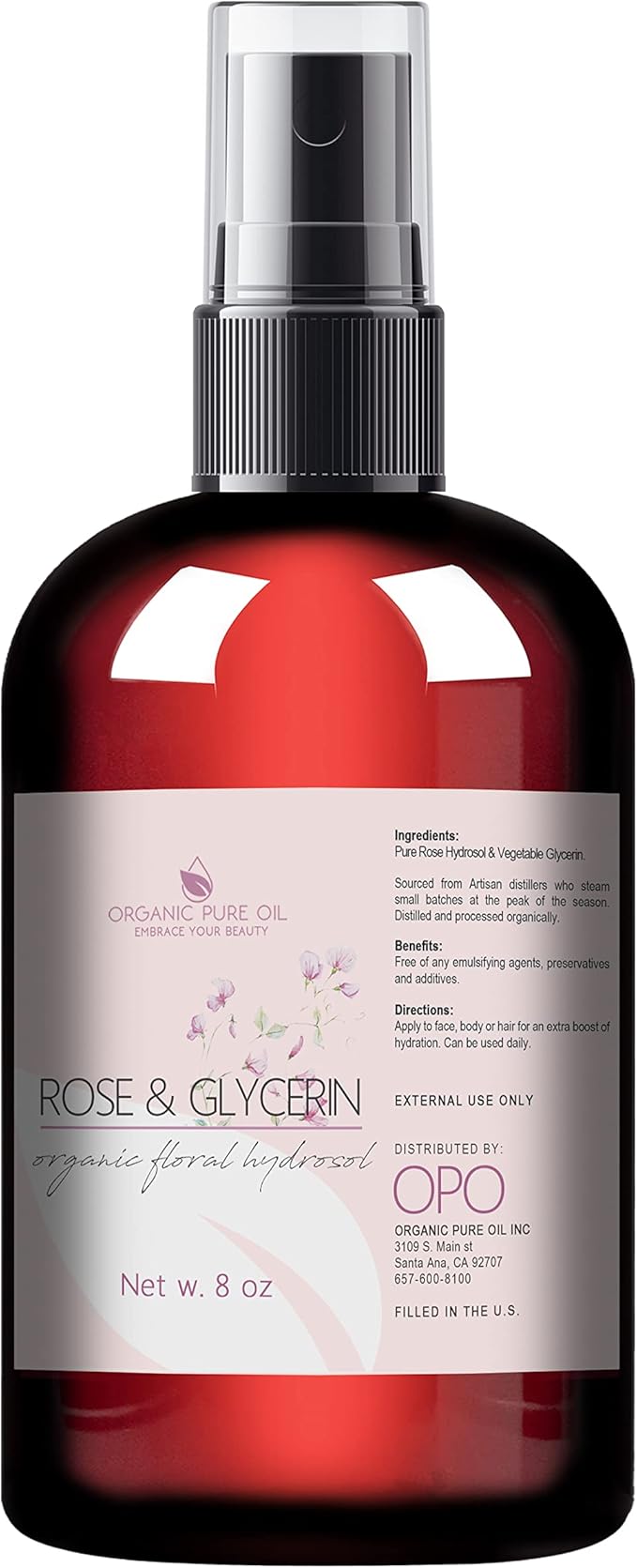 Rosewater Glycerin Mist Toner Bulk Spray Facial Body Floral Cleanser Pure Rose Hydrosol and Vegetable Glycerine Moisturizing Cleansing Toning Mix for Face Skin Hair Body (8 Ounces)