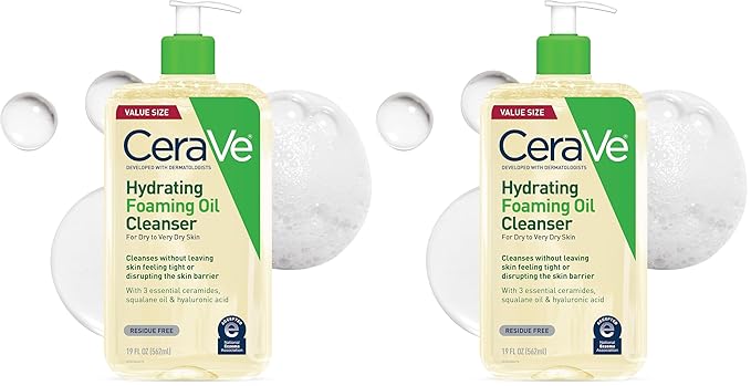 CeraVe Hydrating Foaming Oil Cleanser,Moisturizing Oil Cleanser for Face & Body,Squalane-Oil + Hyaluronic Acid + Ceramides,For Dry to Very Dry Skin,Fragrance Free & Residue Free,19 FL Oz,(Pack of 2)