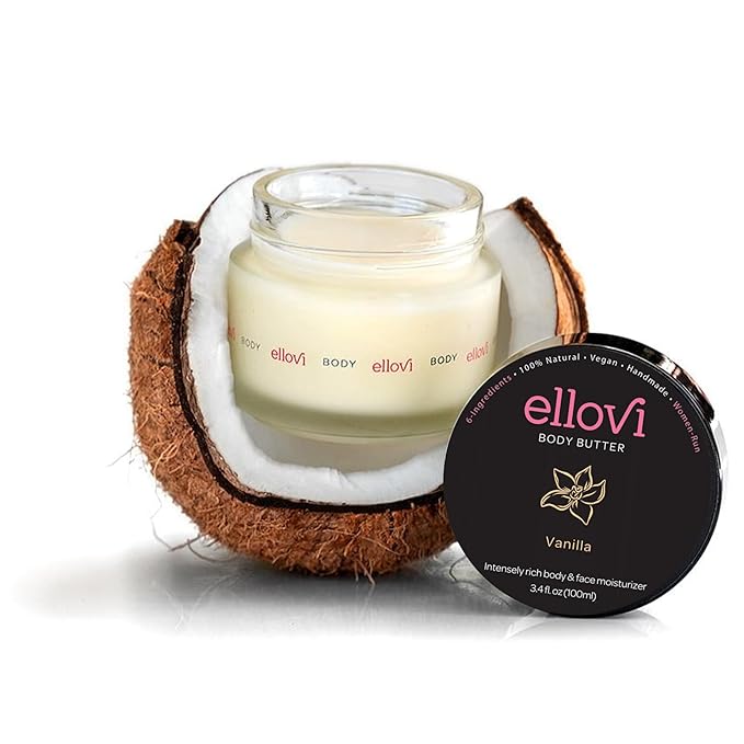 Ellovi All-Natural Body Butter - Vanilla - Pure Enough to Eat - Made With Just 6 Vegan Ingredients - Ultra-Rich 100% Plant-Based Hydrating Moisturizer For Naturally Healthy Skin (3.4 fl. oz/100ml)