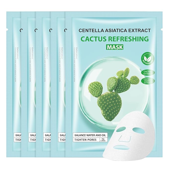 Face Masks Skincare, Pack of 5 Sheet Masks, Hydrating Facial Mask for All Skin Types, Deep Hydration, Balance Skin Water & Oil, Soothing, Cactus
