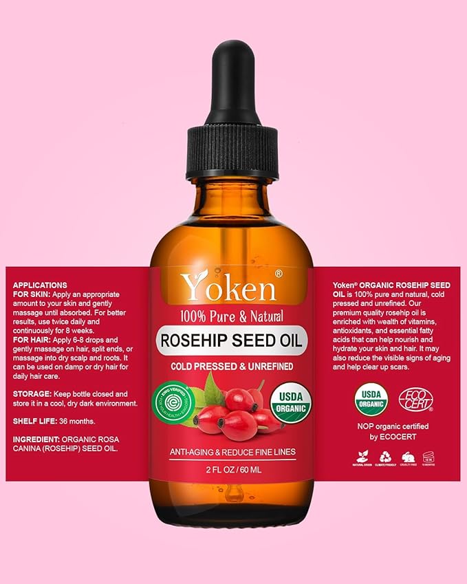 Yoken Organic Rosehip Seed Oil for Face, 100% Pure and Natural Cold Pressed Unrefined Rosehip Oil Carrier for Skin, Hair & Nails - Lightweight, Fast-Absorbing (2 fl oz)