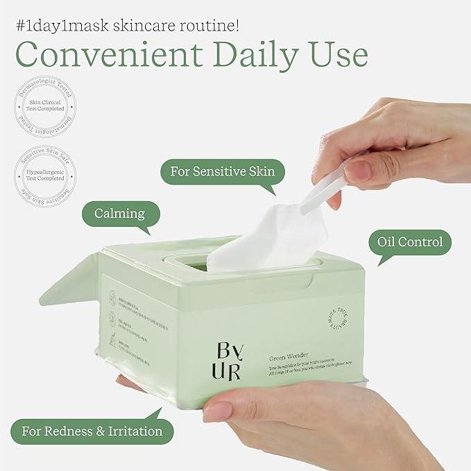ByUR Green Wonder Daily Aqua Serum Mask (30 Count) Hydrating Moisturizing Face Mask, Soothing & Redness Treatment, Centella & Tea Tree, Sensitive & Dry Skin, Pore Tightening, Vegan K-Beauty Skincare