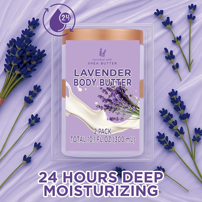 Lavender Body Butter, Shea Body Butter for Women Dry Skin, Natural Lavender Lotion for Body Care Smell Good-3.4floz+6.8 floz(100ml+200ml)