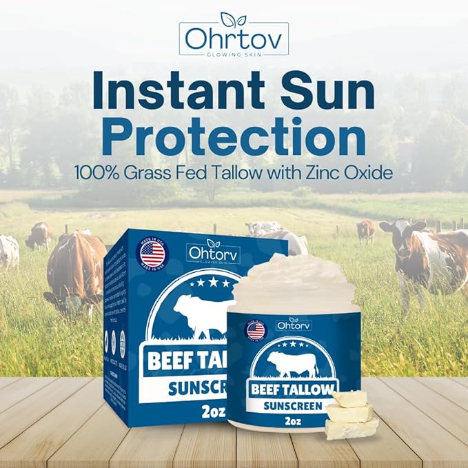 Beef Tallow Sunscreen – Natural Tallow & Zinc Oxide Sunblock Cream for Face & Body – Reef Safe, Non-Greasy Formula with Red Raspberry, Carrot Oil – Sun Protection Suitable for Dry and Sensitive Skin