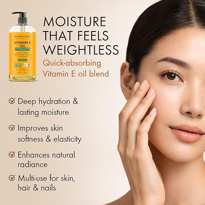 Majestic Pure Vitamin E Oil with Argan 8 Fl Oz - Jasmine fragrance - 100% Pure and Natural- Cold Pressed & Hexane Free Natural Hair Growth Oil for Eyelashes, Eyebrows, Skin, Body, Face, Nails & Scalp