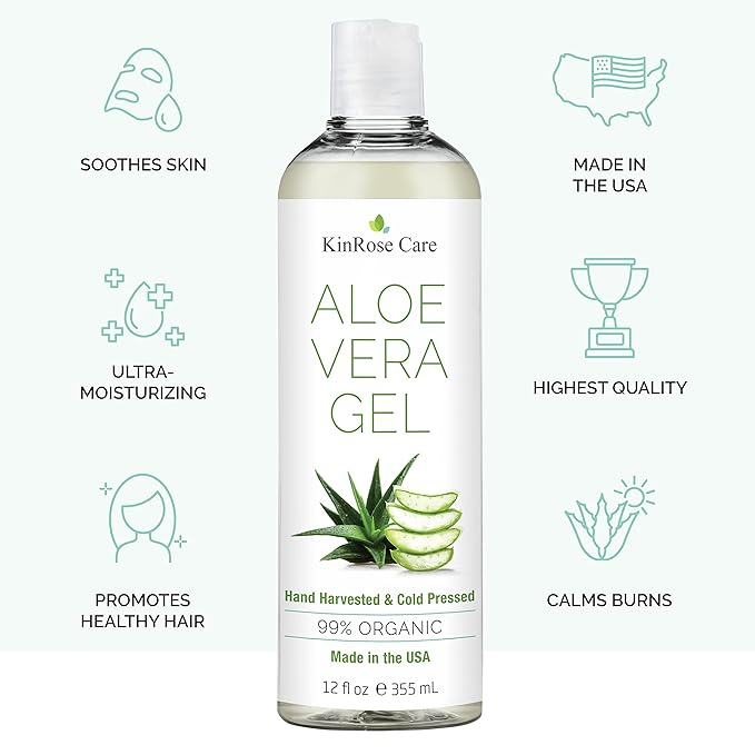 KinRose Care, 12oz Organic Aloe Vera Gel for Face, Skin, Hair & Sunburn Relief - From 100 Percent Pure Aloe Vera - Cold Pressed, Vegan, Unscented - Made in USA.