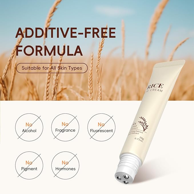 Rice Eye Cream, Moisturizing Eye Roller with Rice Ginseng Extract, Smooth Light Weight Fast Absorption Non-sticky Reduces Fine Lines Puffiness Bags & Dark Circles