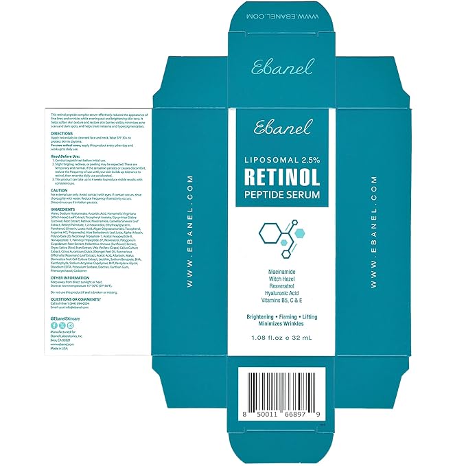 Ebanel Retinol Serum for Face with Vitamin C, Peptides & Hyaluronic Acid, Anti Aging Face Serum for Fine Lines, Uneven Skin Tone, Dark Spots & Texture, Pore Minimizer with Resveratrol & Niacinamide