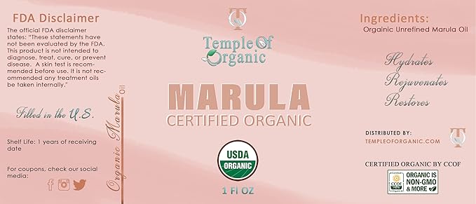 Organic Marula Oil - 1 oz Glass - USDA Certified Organic - Pure, Unrefined, Cold Pressed, Non-GMO, Vegan, Extra Virgin, Hydrating Carrier Oil for Skin, Hair, Body, Face, DIY - Temple of Organic