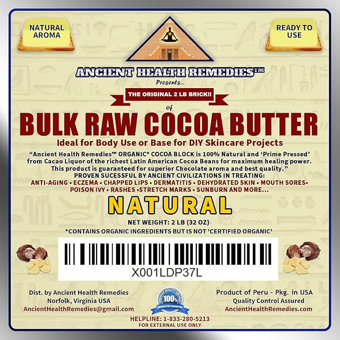ANCIENT HEALTH REMEDIES Organic Unrefined Raw NATURAL COCOA (CACAO) BUTTER BLOCKS Bulk Size Rich Chocolate Aroma For Lip Balms Stretch Marks DIY Base for Body Butter (2Lb)