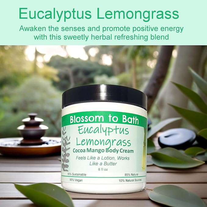 Blossom to Bath Eucalyptus Lemongrass Cocoa Mango Body Cream (8 Ounce) - Pure Essential Oil Fragrance - Feels Like A Lotion And Works Like A Butter with a Herbally Clean Natural Scent