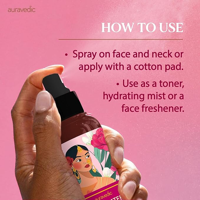 Auravedic Rose Water Toner Spray for Face | Natural Facial Mist for Glowing Skin with Damask Rose | Hydrates, Soothes & Clarifies | Maintains Skin's pH | 3.38 Fl Oz (100ml)