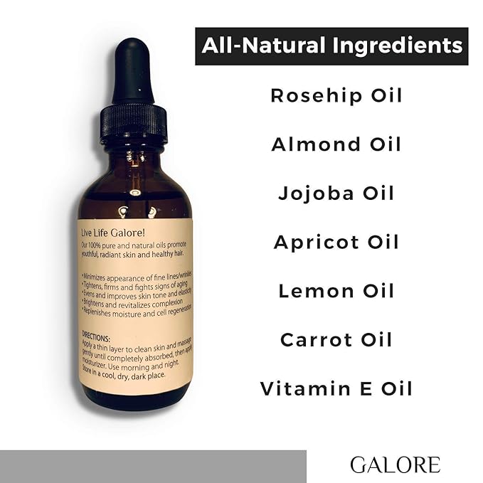 Rosehip Anti-Aging Face Oil Treatment - Anti-Wrinkle Serum, Natural Anti-Aging Oil rich in Vitamins E, A & C & Essential oils - Pure Rose Oil for Wrinkles, Age spots & Fine Lines - GALORE Naturals