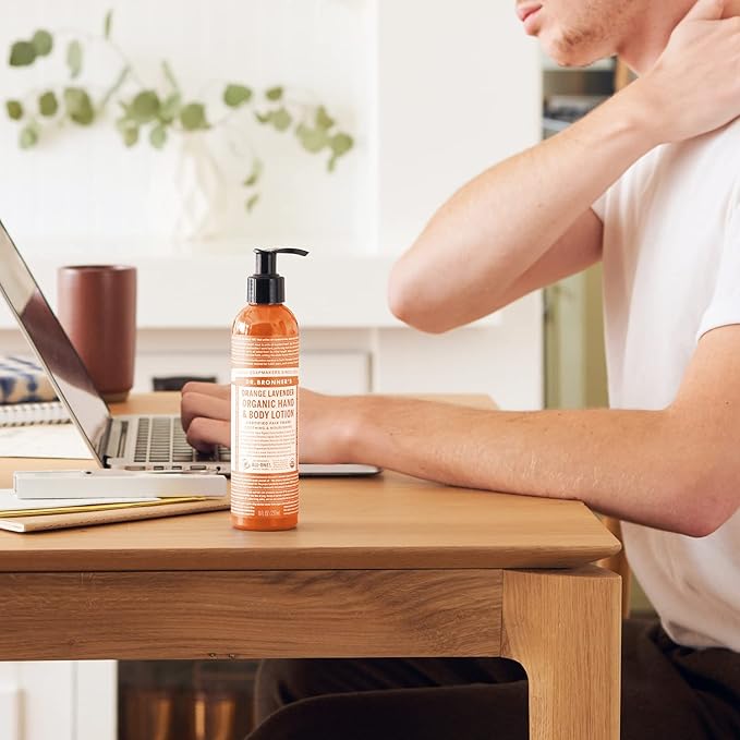 Dr Bronner's 3-in-1 Orange & Lavender Organic Hand and Body Lotion, Made with Organic Oils, Used for Hands, Face and Body, Certified Fair Trade & Vegan Friendly, 236ml Recycled Bottle