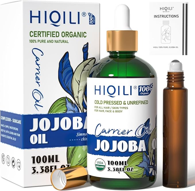 HIQILI 100ML Jojoba Oil Organic for Hair Growth,100% Pure Cold Pressed Unrefined, Included Roller Bottle for Massage - 3.38 Fl Oz