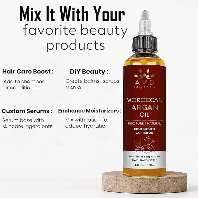 AVD Organics Argan Oil for Hair 120ml – 100% Pure & Natural Moroccan Argan Oil for Adult Hydration, Nourishing, Strengthening, Curly, Frizzy, Dry, Damaged Hair,Face, Skin, Scalp & Nails – (4.05 fl oz)