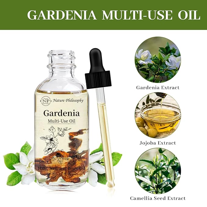 NP NATURES PHILOSOPHY Gardenia Multi-Use Oil for Face, Body and Hair - Organic Plant Fragrant Essential Oil for Dry Skin, Scalp and Nails - 2 Fl Oz