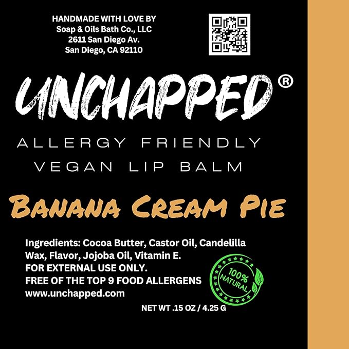 Vegan Lip Balm 3 Pack - All Natural and Free of Beeswax, Soy, Nut, and Top 9 Food Allergens (Cocoa Butter, Vanilla, Banana)