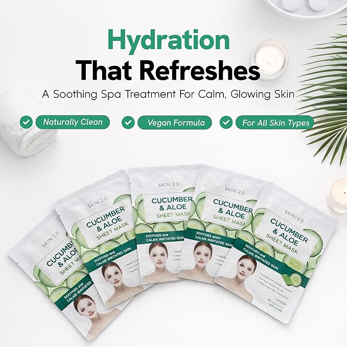 Skin 2.0 Cucumber & Aloe Face Mask – Dermatologist Tested, Anti Aging, Korean Skin Care – Hydrating, Moisturizing, Cooling & Calming For Sensitive, Supple Skin – Vegan, Clean Beauty – 5 Count