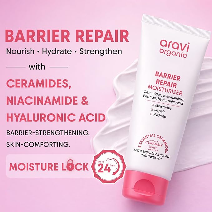 Aravi Organic Advanced Barrier Repair Moisturizer - With Ceramide, Peptide, Hyaluronic Acid & Cica - For Deep Moisturizing, Strengthening & Skin Barrier Repair - For All Skin Types - 3.5 OZ /100 gm