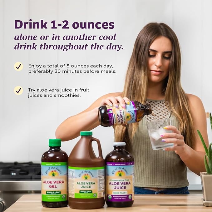 Lily Of The Desert Aloe Vera Gel - Inner Fillet Thicker Consistency Aloe Vera Drink with Natural Vitamins, Digestive Enzymes for Gut Health, Stomach Relief, Wellness, Glowing Skin, 32 Oz (Pack of 2)
