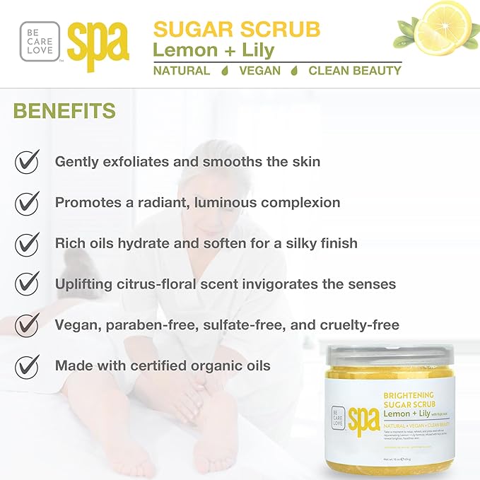 BCL Spa Lemon Lily Sugar Scrub - Professional Radiance-Boosting Body Scrub for Dull Skin, Self Care Body Exfoliator, Made in USA, 16 oz